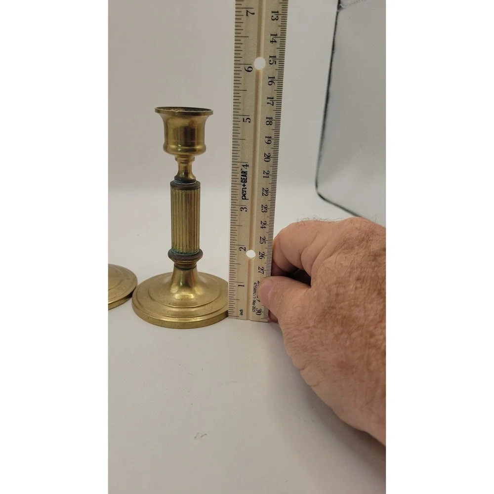 Vintage Solid Brass Ribbed Column Candlestick Holders Mid Century Pair 14.3 oz